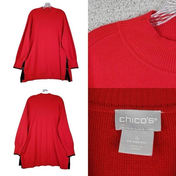 Chicos Sweater Women's 4 Size XXL Red Long Sleeve Mock Neck Button - Picture 1 of 8